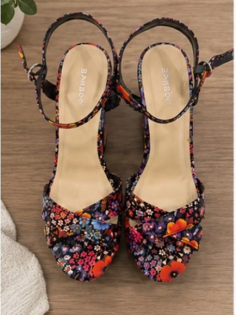 Anne Michelle Black Multicolor Floral Platform Block Heels